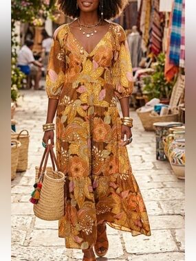 Flora Bea Multicolor Retro
Fabio Maxi Dress tiered boho floral beach large
